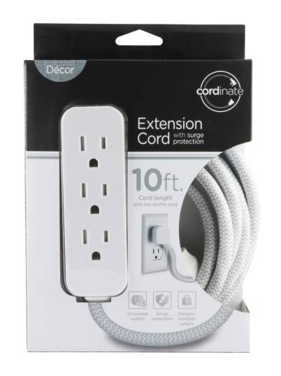 Cordinate Surge 3-outlet 16 Awg Extension Cord, 10', Gray-White