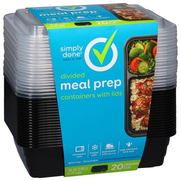 Simply Done Ready For Life Divided Meal Prep Containers With Lids, 34 oz (20 ct)