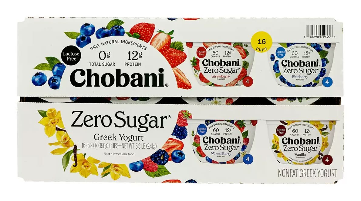 Chobani · Zero sugar yogurt griego sin azúcar, surtido (16 x 150 g)