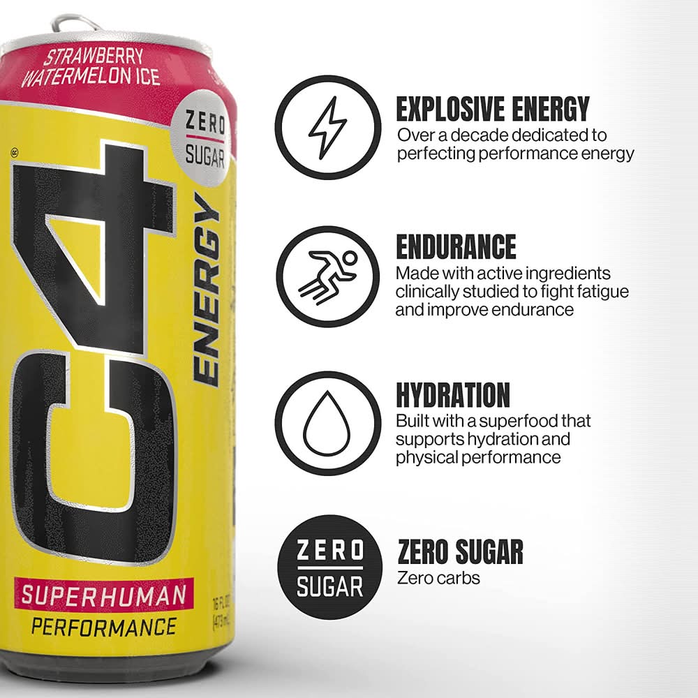 C4 Energy Zero Sugar Ice Energy Drink, Strawberry-Watermelon (16 fl oz)
