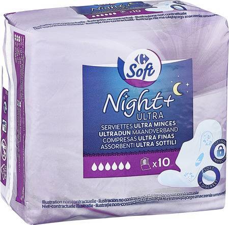 Carrefour Soft - Serviettes hygiéniques night+ ultra (10 pièces)