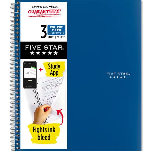 Five Star Spiral Notebooks + Study App 3 Subject College Ruled Paper