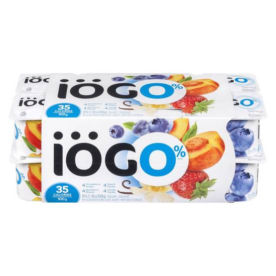 Iögo assortiment de yogourt aux agrumes, 0% (16x100 g) - fat free yogurt, strawberry/blueberry/peach/orange-mandarin (16x100g)