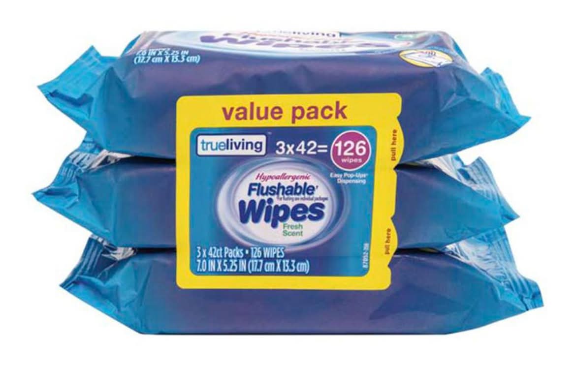 True Living Hypoallergenic Flushable Wipes, Fresh, 7x5.25 in (126 ct)