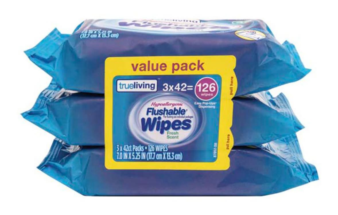 True Living Hypoallergenic Flushable Wipes, Fresh, 7x5.25 in (126 ct)