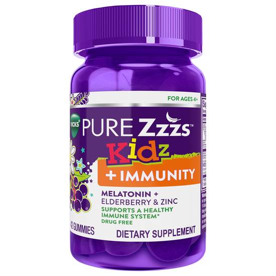 Vicks Pure Zzzs Gummies Kidz + Immunity Melatonin + Elderberry & Zinc Gummies (42ct)