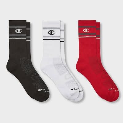 Champion All Sport Performance Crew Socks, L, Black/White/Red (3 ct)