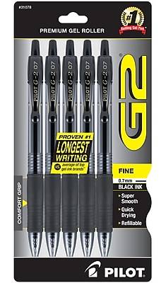 Pilot G2 Retractable Gel Pens, Fine Point, Black Ink, 5/Pack (31078)