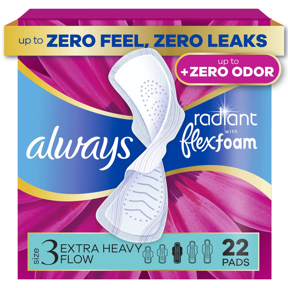 Always Radiant With Flexfoam Extra Heavy Flow Pads, 3 (22 ct)