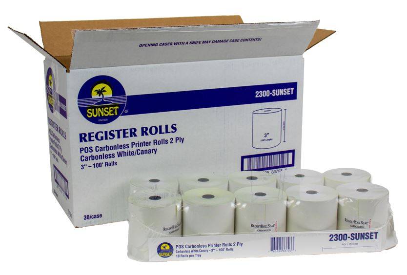 Sunset 2300 - POS Carbonless Printer Rolls, 2-Ply, Carbonless, 3", 100' - 10 rolls per tray (10 Units)