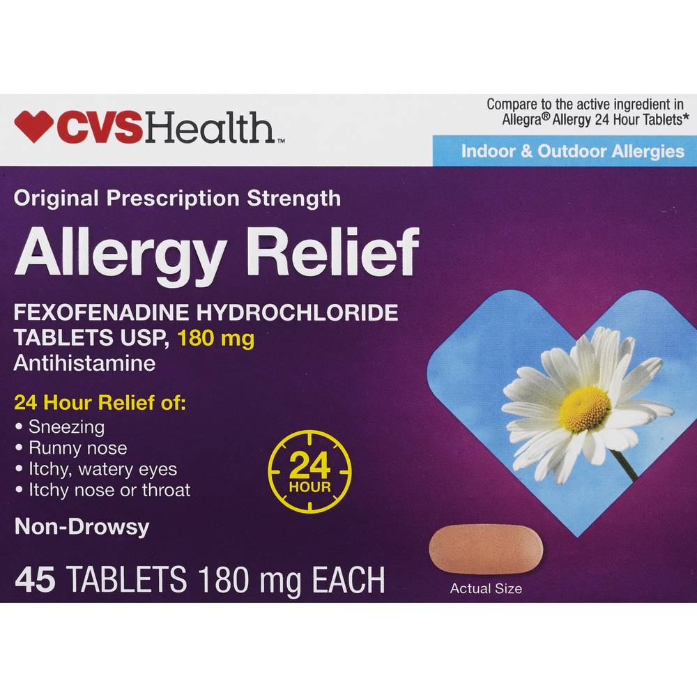 Cvs Health 24Hr Non Drowsy Allergy Relief Fexofenadine Hcl Tablets, 45 Ct