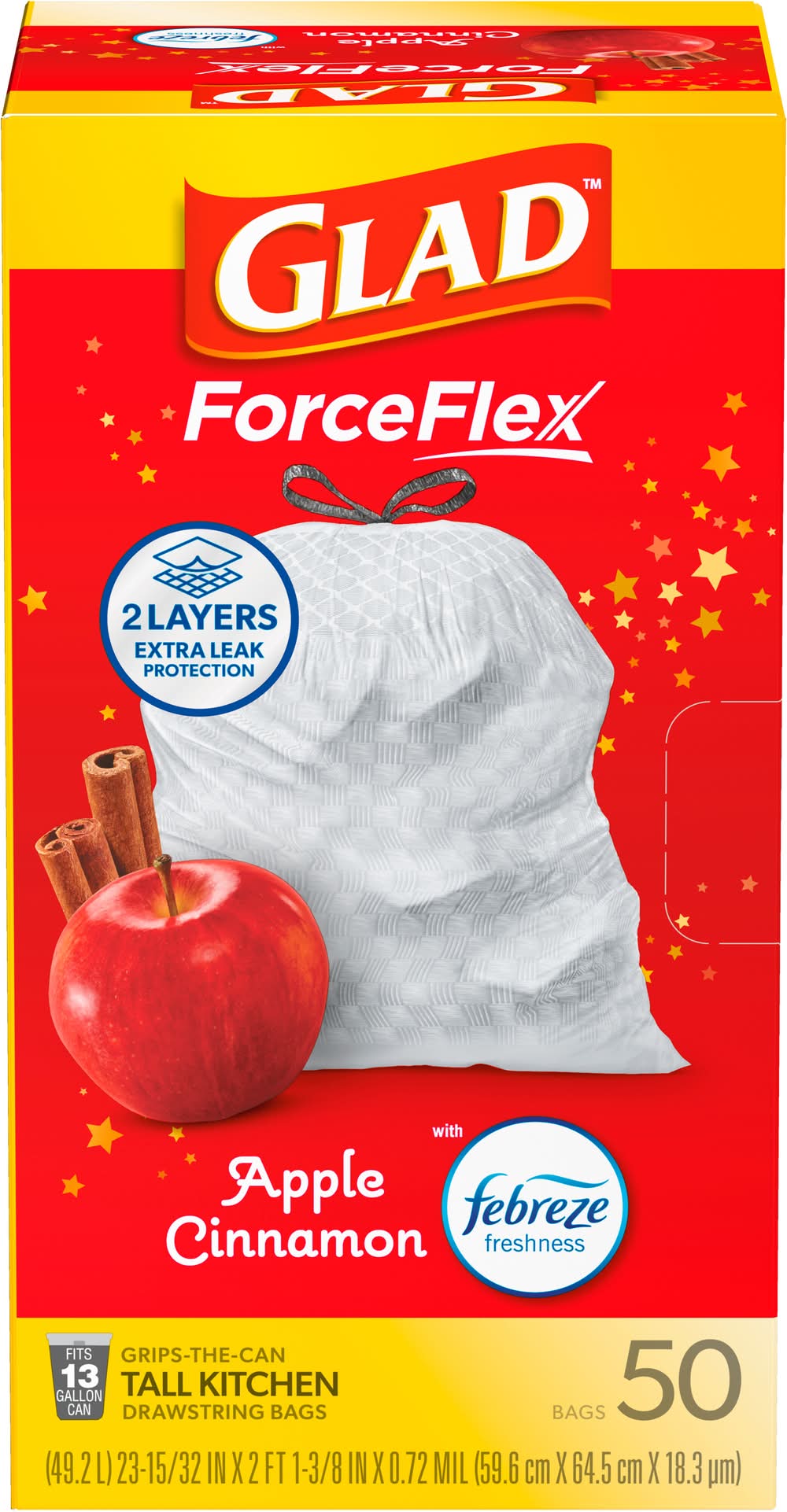 Glad Forceflex Tall Kitchen Drawstring Trash Bags 13 Gallon, Apple Cinnamon, 25.38x25.38x23.47 in , White (50 ct)