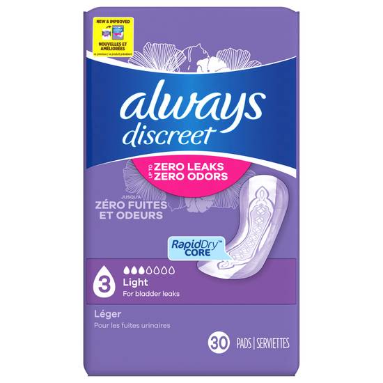 Always Discreet Light 3 Lightly Scented Pads (30 ct)