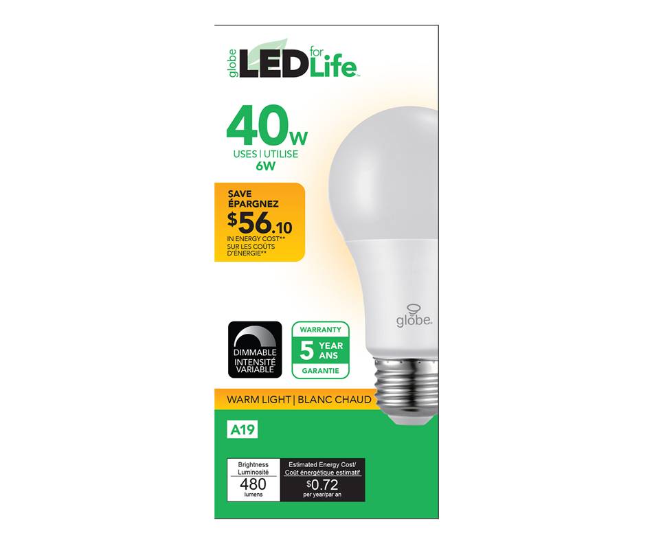 Globe electric globe ampoule del 40w a19 (1 unité, blanc chaud) - led bulb 40w a19 (1 unit, warm light)