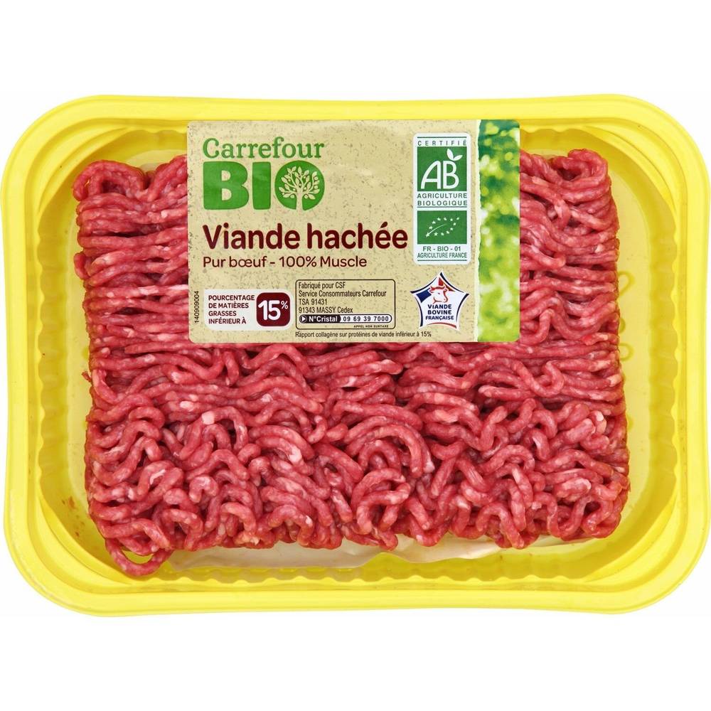 Viande hachée Bio pur bœuf 15% MG CARREFOUR BIO - la barquette de 350g