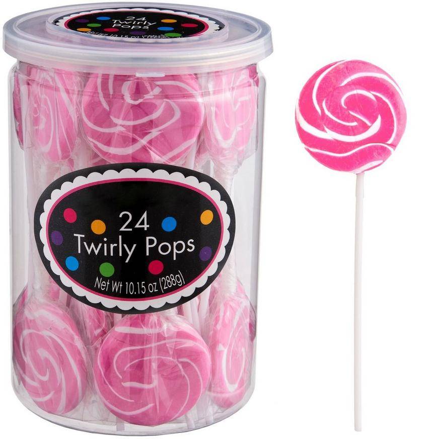 Bright Pink Swirly Lollipops, 24pc - Bubblegum Flavor