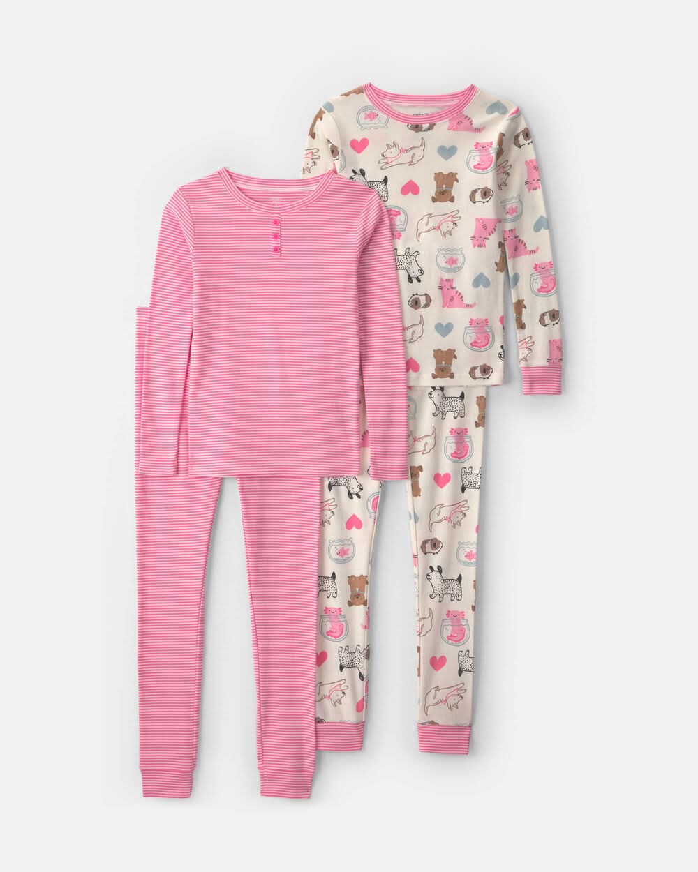 Girls 4-Piece Pets 100% Cotton Snug Fit Pajama Set - Pink/Cream - 10