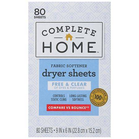 Complete Home Fabric Softening Dryer Sheets, 9 In x 6 In (80 ct)