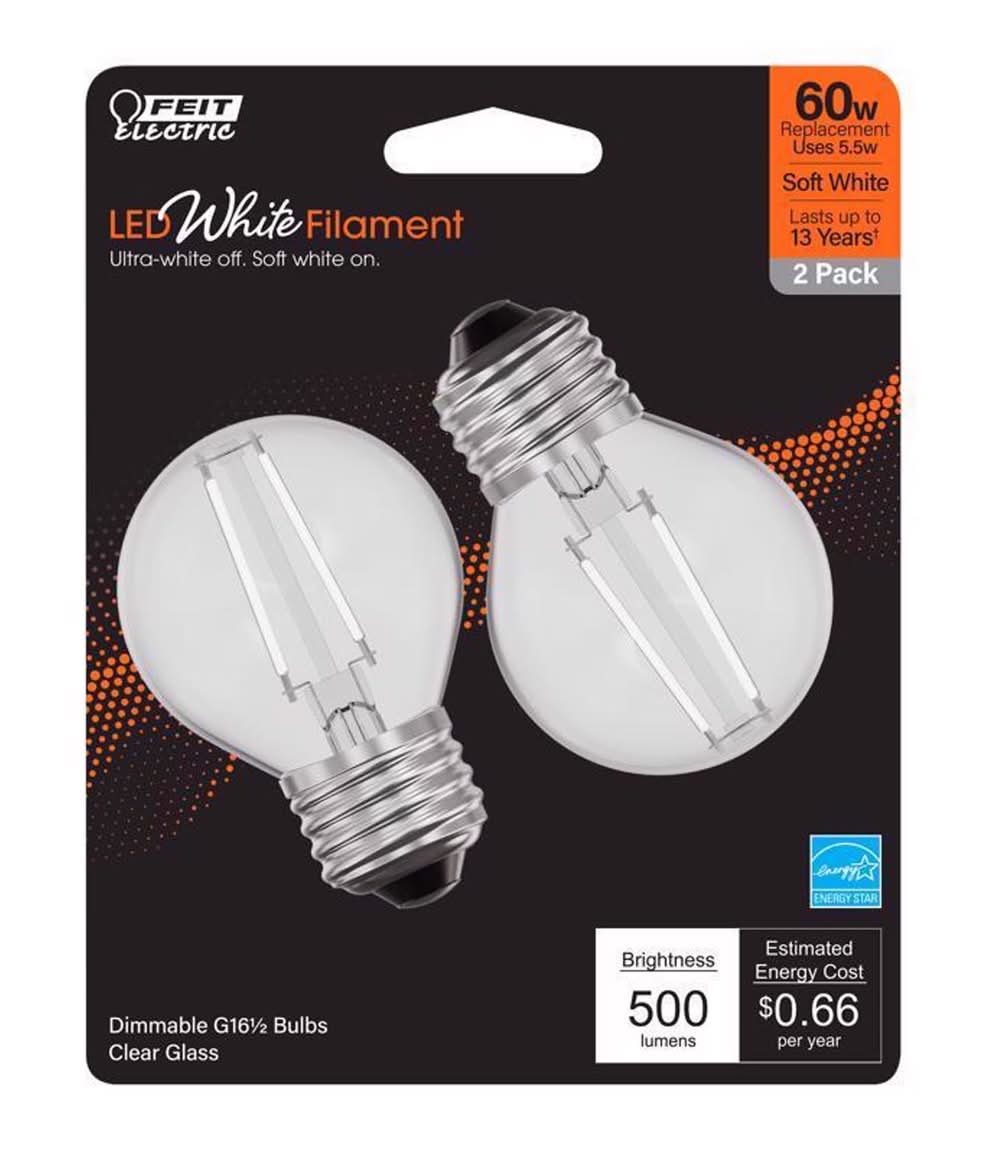 Feit Electric White G16.5 E26 (Medium) Filament Led Bulb Soft White 60 Watt Equivalence 2 Pk