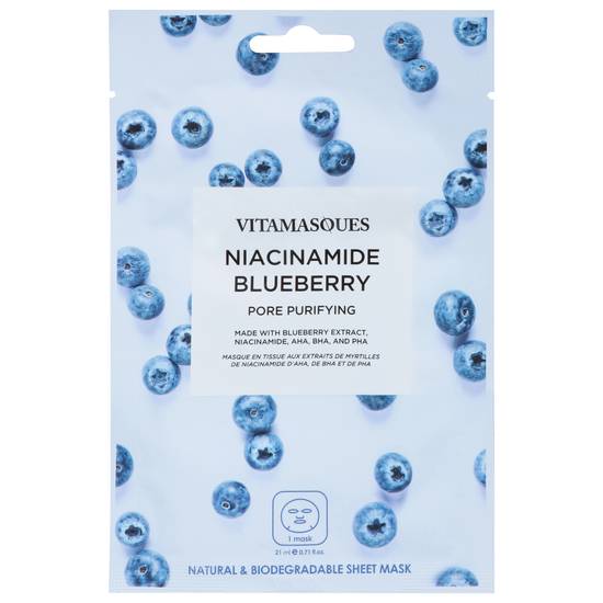 Vitamasques Pore Purifying Niaciamide Natural and Biodegradable Blueberry Sheet Mask