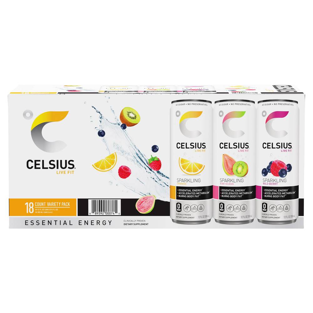 Celsius Sparkling Energy Drink, Variety Pack, 12 fl oz, 18-count