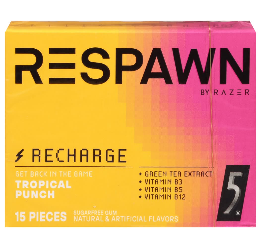 5 Gum Respawn Recharge Sugar Free Chewing Gum, Tropical Punch (15 ct)