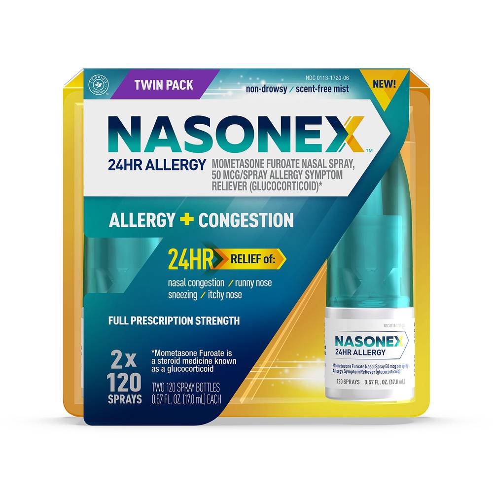 Nasonex 24HR Non-Drowsy Allergy + Congestion Nasal Spray Twin Pack, 2 120 Sprays/bottle