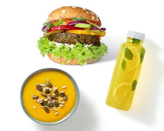Zestaw Burger Vegan Jaglany Klasyk z Zupą i Lemoniadą lub Sokiem