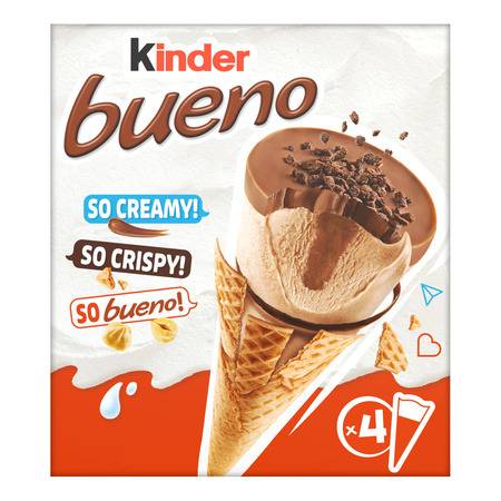 Glaces cônes fourrées noisettes et chocolat au lait KINDER BUENO - le paquet de 4 - 248g