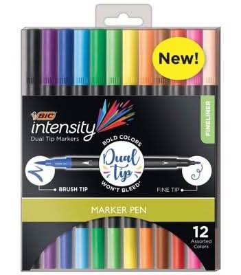 BiC Intensity Fineliner 2-1 Dual Tip Marker Pen, Assorted (12 ct)