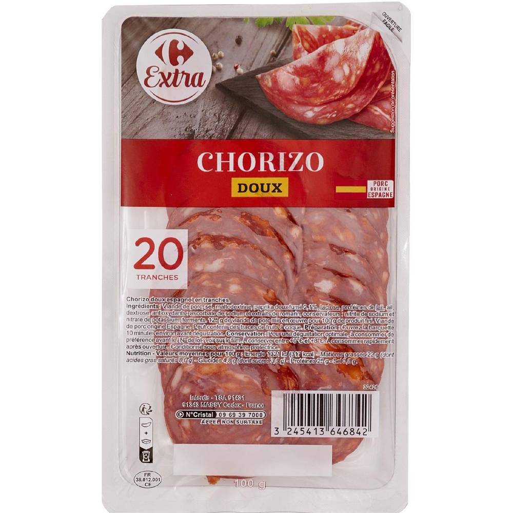 Chorizo doux CARREFOUR EXTRA - le paquet de 20 tranches - 100g