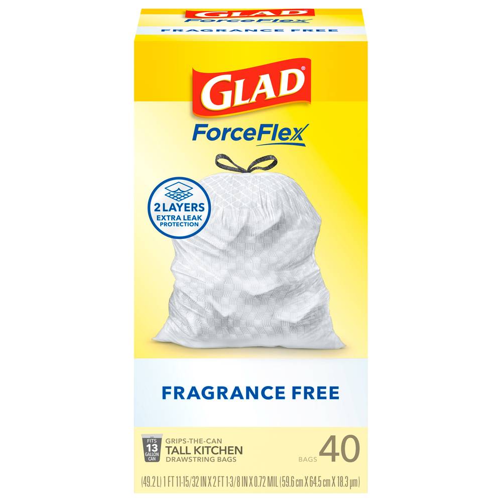 Glad Forceflex Tall Kitchen Drawstring Bags, 59.6 x 64.5 cm x 18.3 um, White (40 ct)