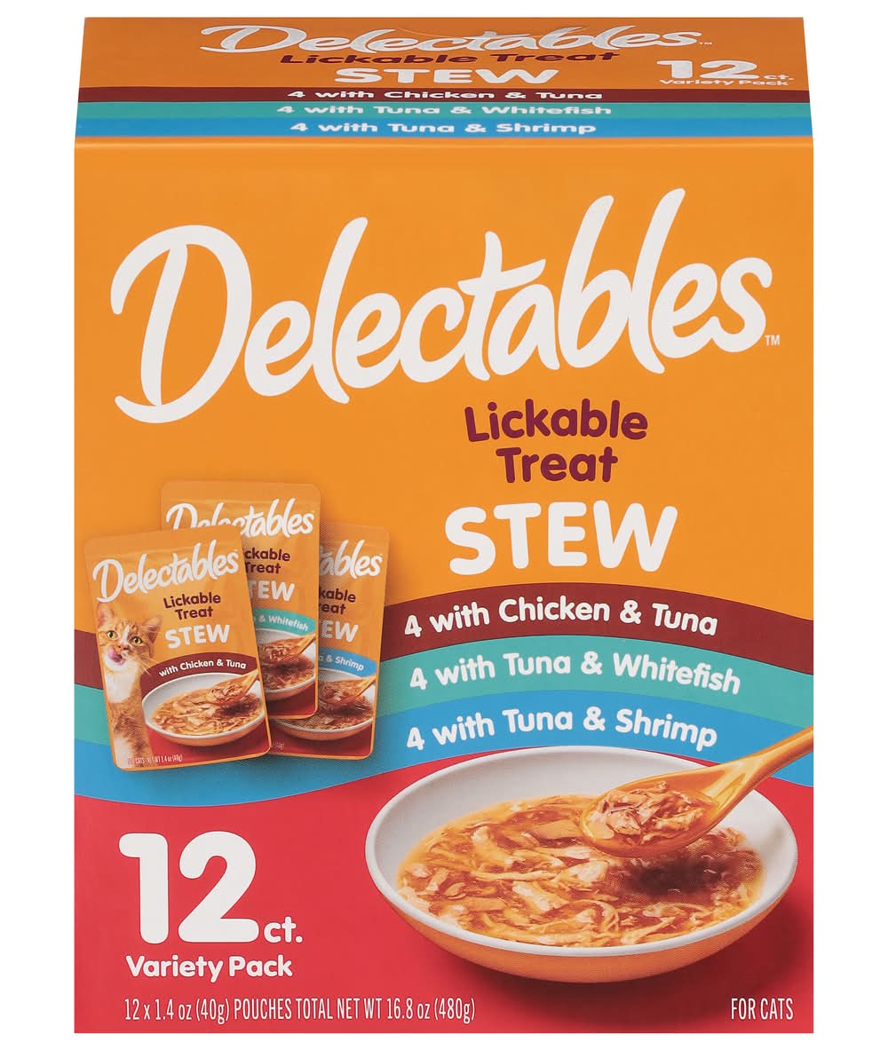 Delectables Lickable Stew Treats For Cats, Tuna & Whitefish-Chicken & Tuna-Tuna & Shrimp (12 x 1.4 oz)