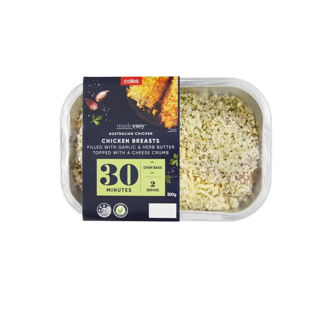 Coles Made Easy Chicken Breasts Filled With Garlic & Herb Butter Topped With a Cheese Crumb 500g