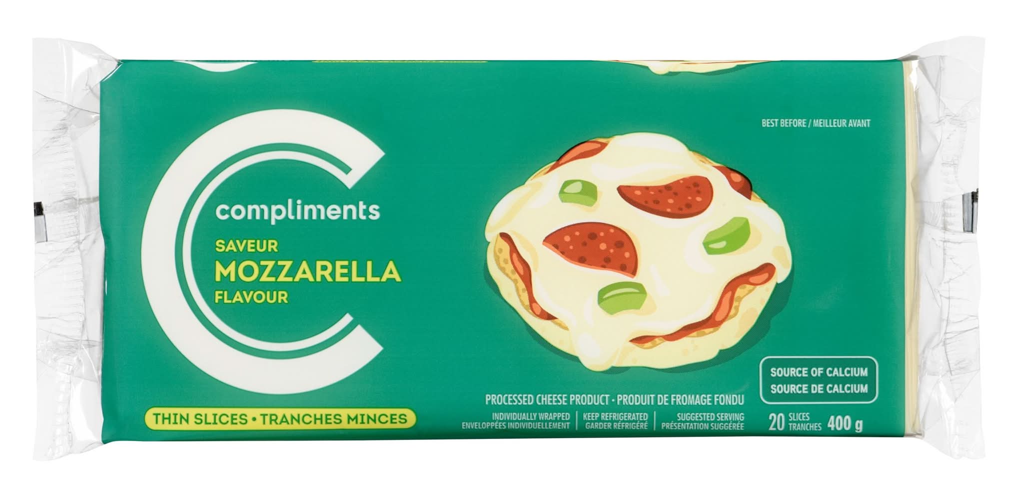Compliments Thin Sliced Process Cheese Mozzarella Slices (400 g, 20 ct)