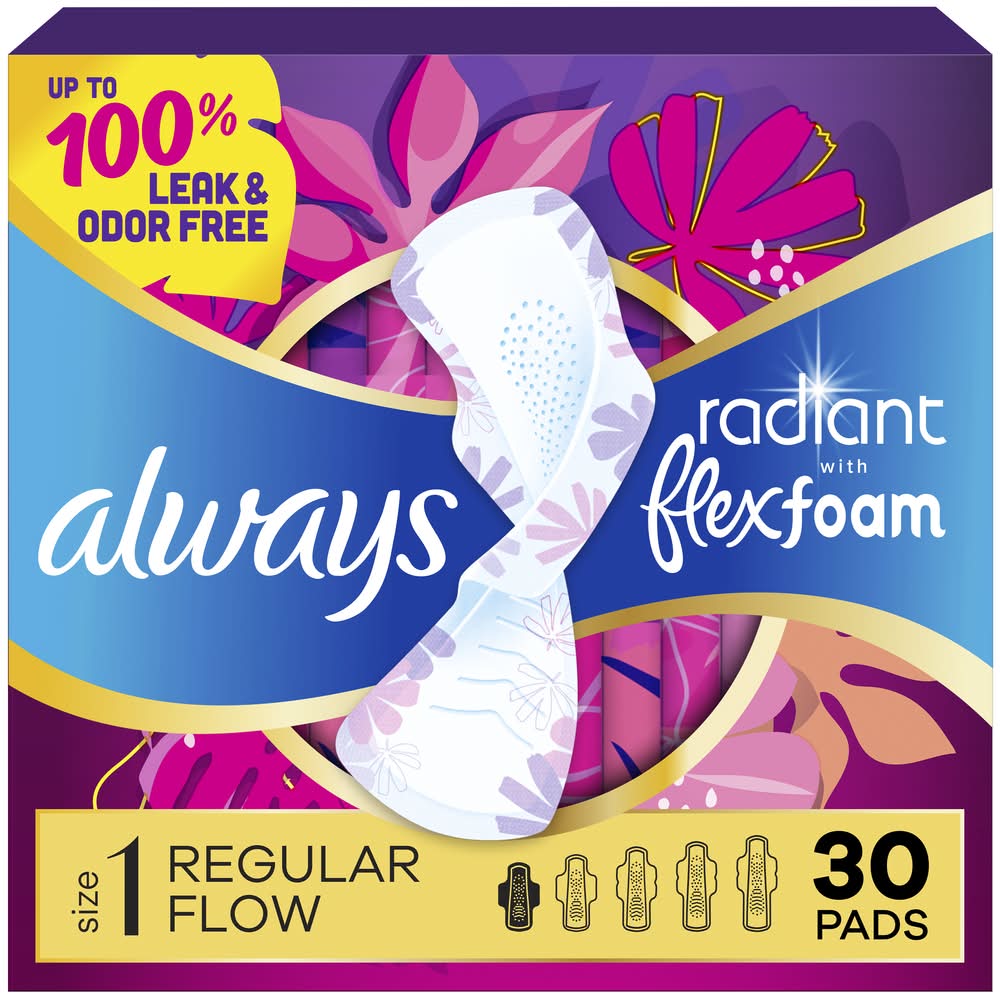 Always Flexi-Wings Regular Radiant Pads, Light-Clean, 1 (30 ct)