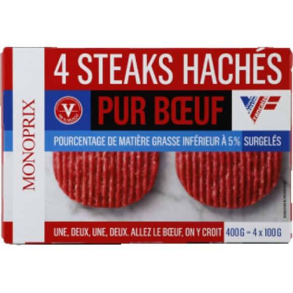 Monoprix Steaks Hachés Pur Boeuf 5% Mg, Surgelés. La Barquette De 4, 400G