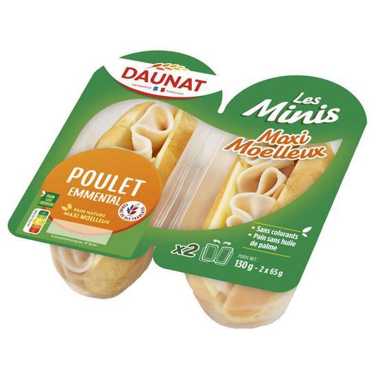 Daunat Les minis - Sandwich - Au blanc de poulet - Emmental - Pain nature 2x65 g