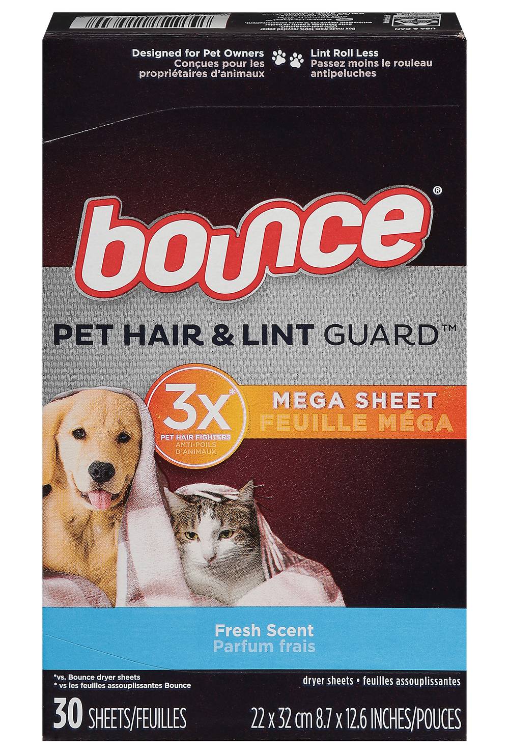 Bounce Pet Hair & Lint Guard Mega Dryer Sheets, Fresh, 8.7 In x 12.6 In (30 ct)