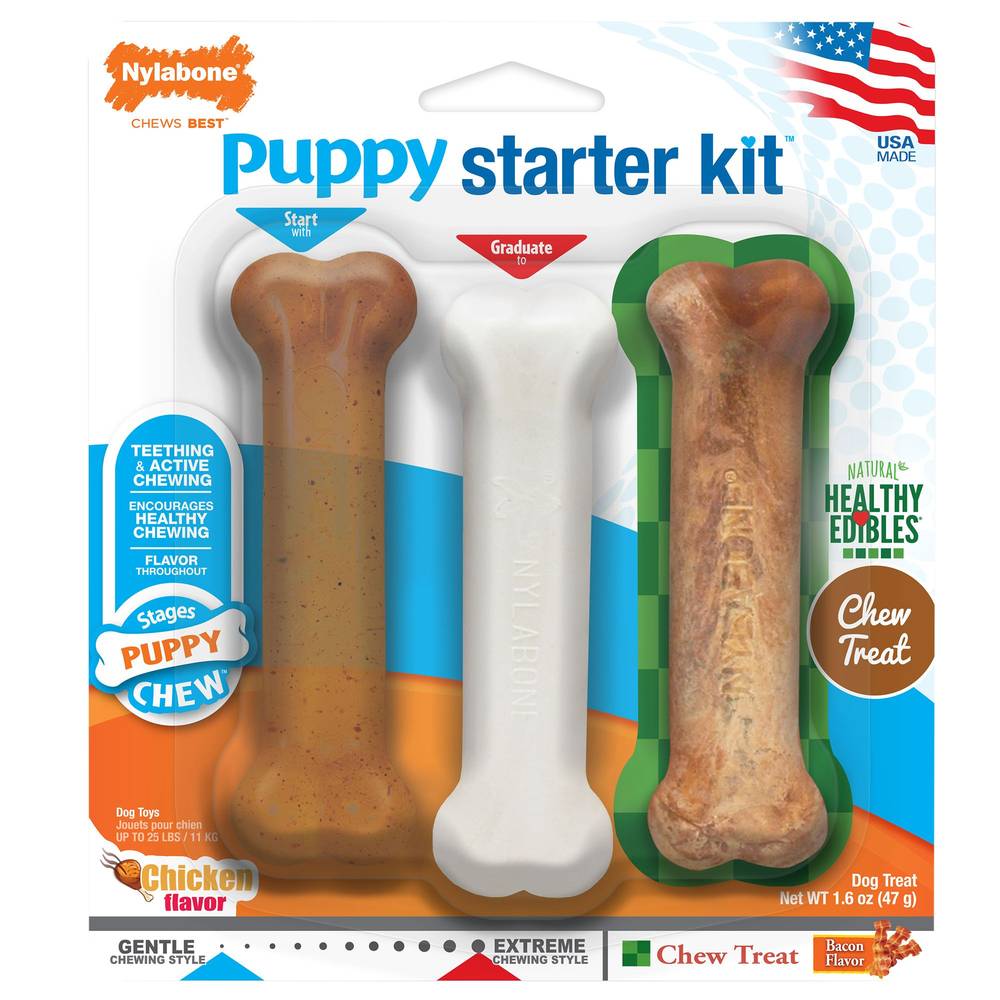 Nylabone Puppy Starter Kit Chew Dog Toys (chicken-bacon)