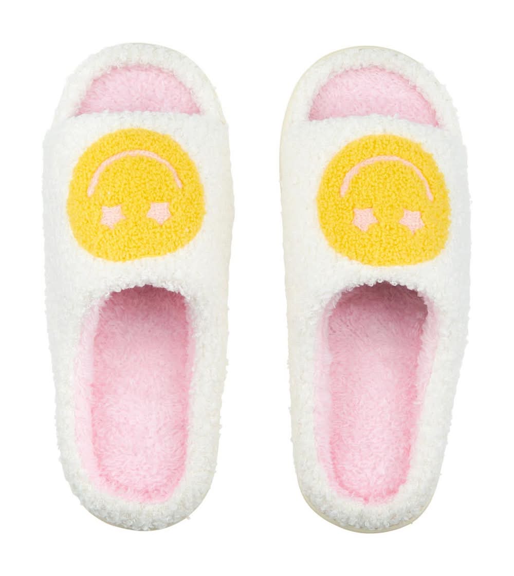 Star-Eyed Smiley Face Open-Toe Indoor Slippers White Sherpa 1 Pair