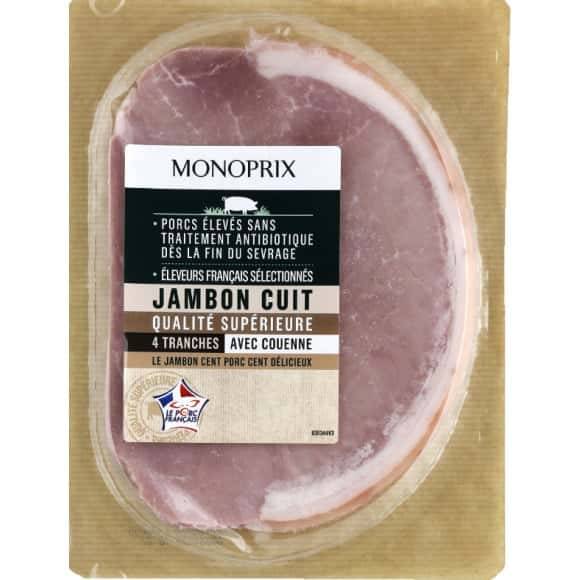 Monoprix Jambon Cuit Qualité Supérieure Avec Couenne Les 4 Tranches - 160 G