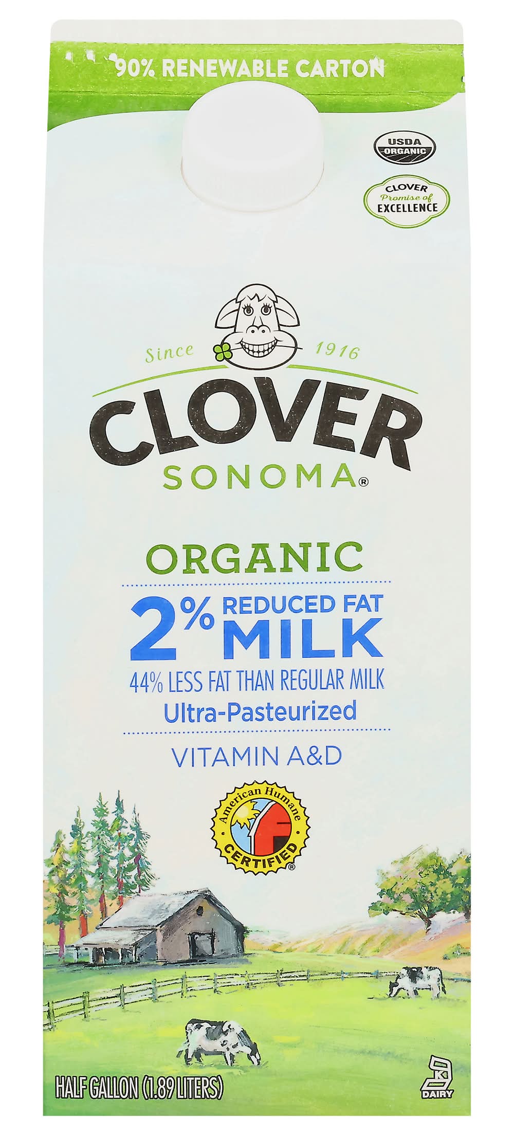 Clover Organic Farms Ultra Pasteurized 2% Reduced Fat Milk (1.89 L)
