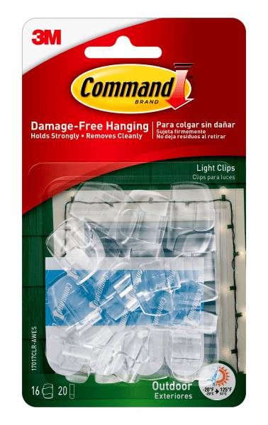 Command Outdoor Light Clips, 16 Command Hooks, 20 Command Strips, Damage Free Hanging of Dorm Room Decorations, Clear