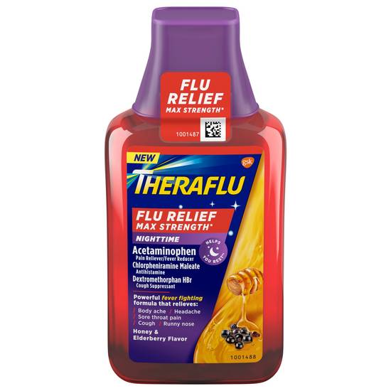 Theraflu Max Strength Nighttime Flu Relief Syrup, Honey & Elderberry Flavor, 8.3 OZ