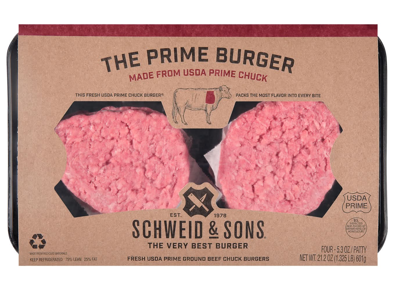 Schweid & Sons The Prime Ground Beef Chuck Burgers (4 x 5.3 oz)