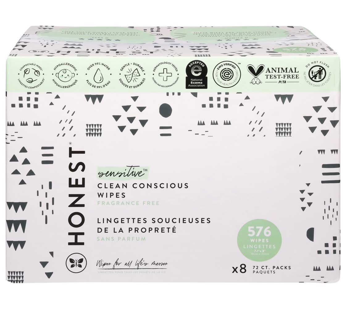 Honest Sensitive Clean Conscious Fragrance Free Body Wipes, 7.1x8 in (8 x 72 ct)