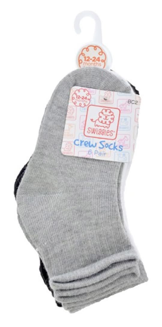 Swiggles Boys Crew Sock Grey/White/Black 12/24m- 6 Ct