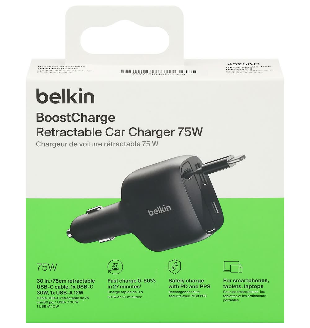 Belkin Retractable Car Charger 75w, Black