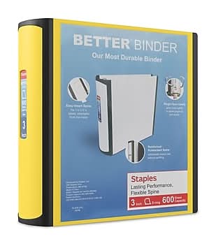 Staples Heavy-Duty 3-Inch D-Ring Binder, Yellow – Large Capacity 3-Ring Binder, Holds Up to 600 Sheets for School & Office